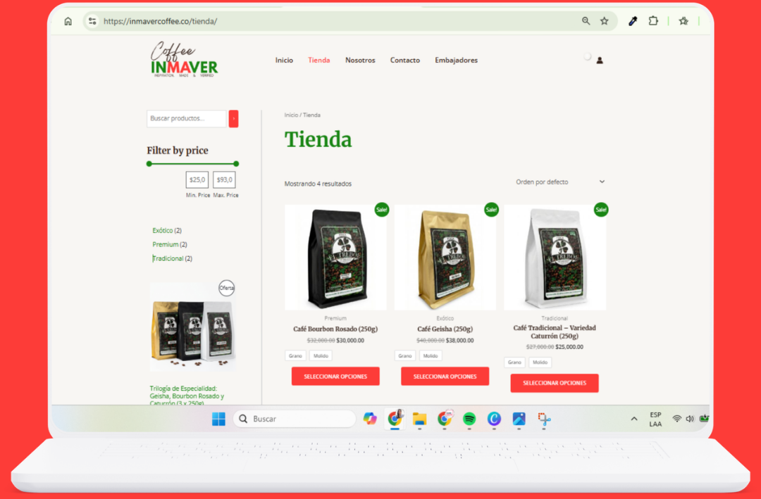 Tienda online desarrollada con integración de pasarela de pagos para la marca de café de origen Inmaver Coffee